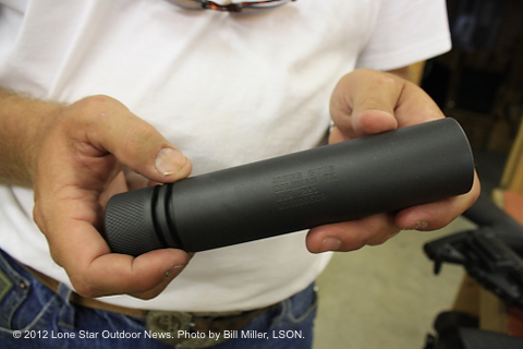 SILENCER: Sound suppressors, like this one manufactured by Dark Horse Arms of Coleman, are being considered for legal hunting of deer and other game animals in Texas. Approval would have to come from Texas Parks and Wildlife Commission. Photo by Bill Miller, LSON. SILENCER UPDATE_II