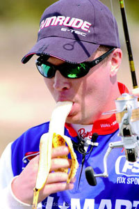 It�s not luck: Aaron Hastings ignored the popular superstition that bananas in the boat are bad luck in winning the 2007 FLW Tour event at Lake Travis. Photo by David J. Sams.