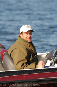 Toyota Texas Bass Classic co-Founder Dan Friedkin takes a tour of the event on Lake Fork. Photo by David J. Sams
