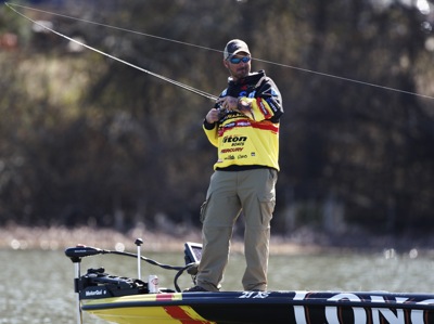 Jeff Kriet rose from third place into first Saturday in the second day of the 2010 Bassmaster Classic. Photo by BASS.