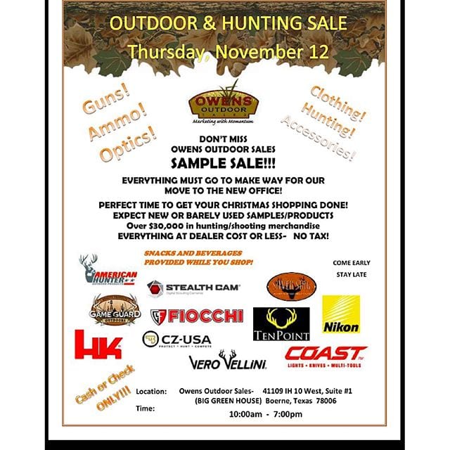 Sample sale. Everything must go. Our friends at Owens Outdoor - Texas  Hunting & Fishing